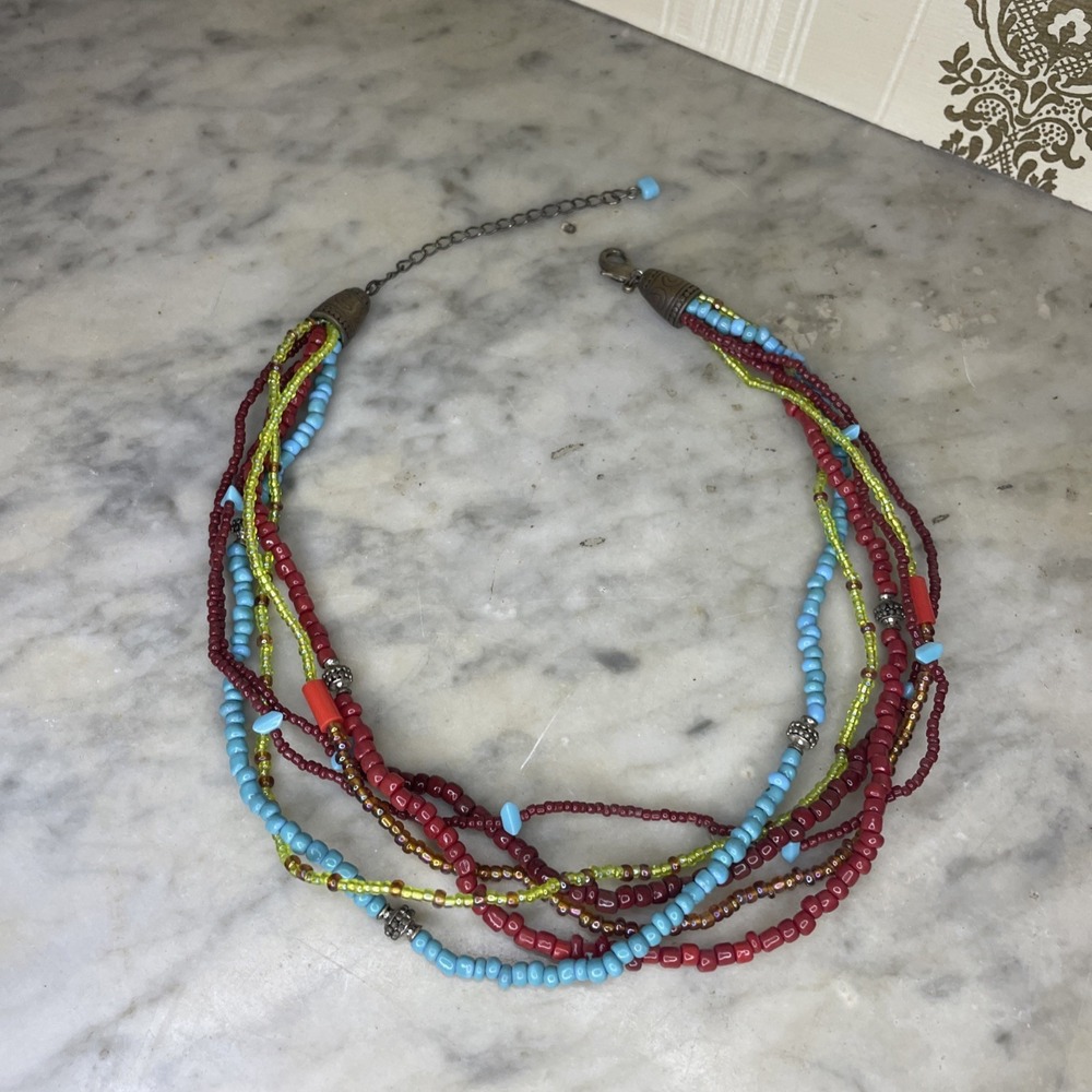Multicolored Variety Bead | 6 Strand Necklace | Seed Tube Turquoise Coral Metal